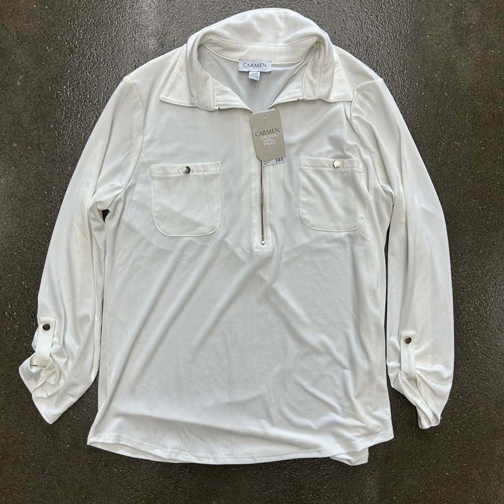 Brand New Carmen Marc Valvo Long Sleeve Quarter Zip Shirt Women's Large Blouse